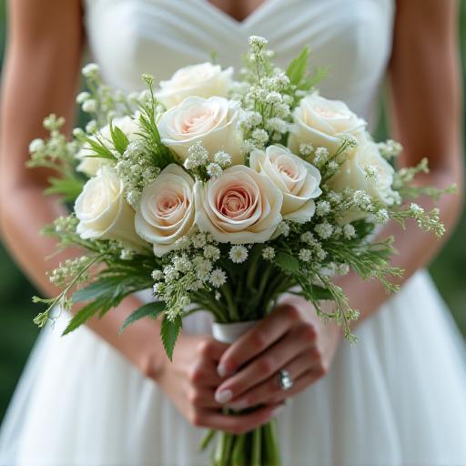 A close-up of a bride holding a lush, cascading bouquet.