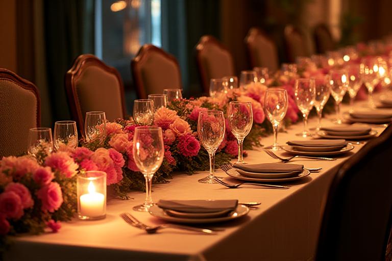 A beautifully set dinner table featuring a long garland of fresh flowers.